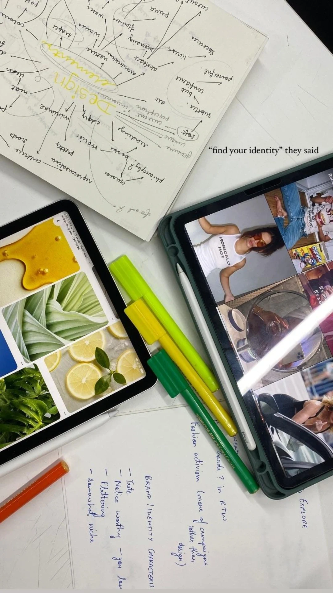 Fashion research desk with tablets, notes and highlighted references